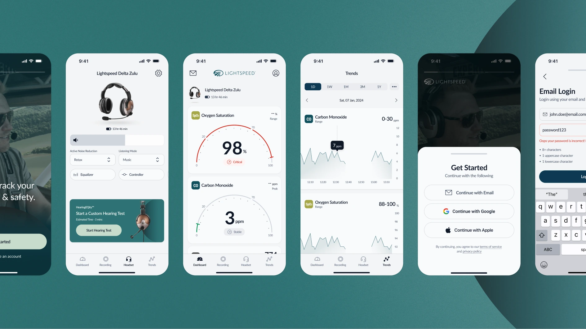 Lightspeed companion app screens for the dashboard, recordings and hearing test
