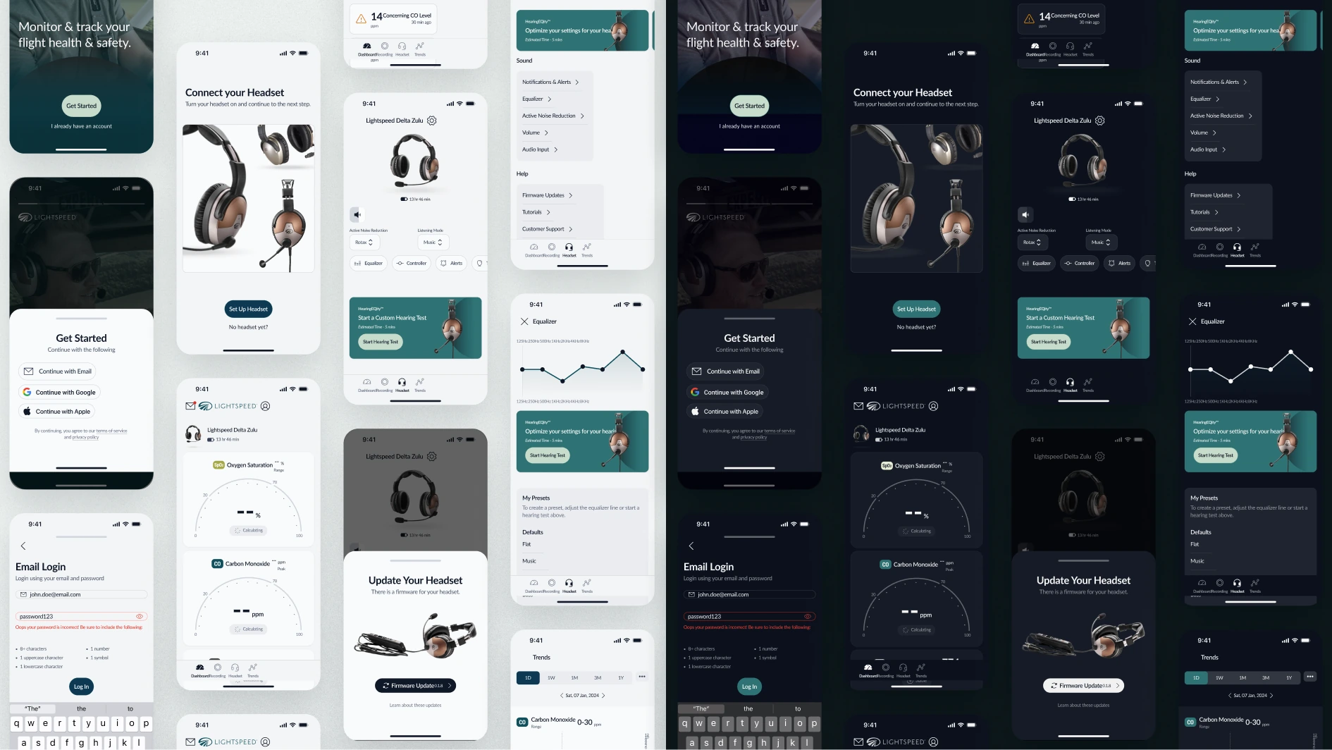 Grid of app screens in light and dark mode
