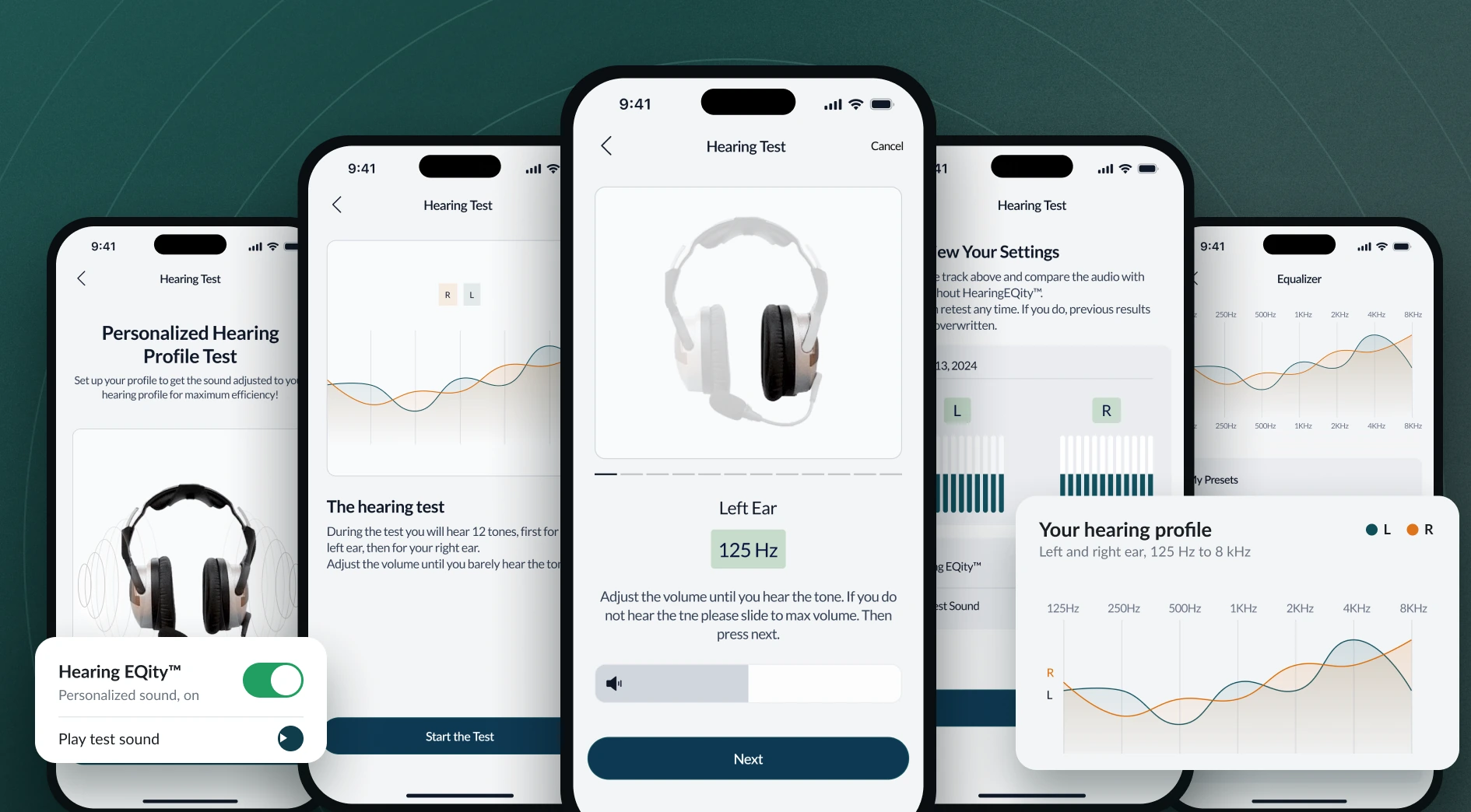 HearingEQity hearing test screens and personal hearing profile